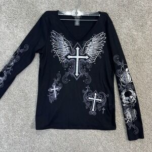 Social Collision Womens Large Long Sleeve V Neck Black Cross Wings Skull Roses